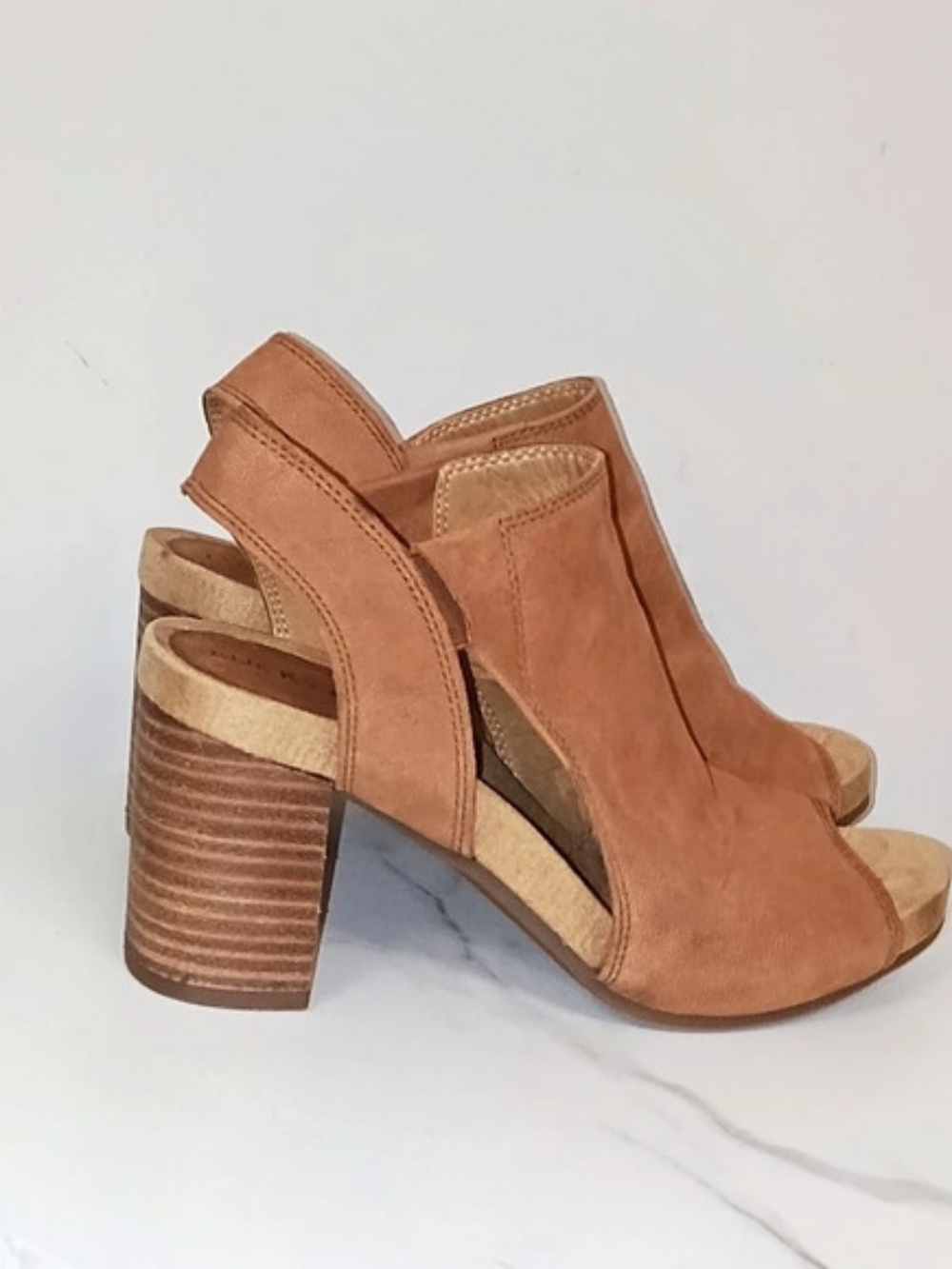 Lucky Brand Saundra Brown Leather Open Toe Sling Back Block Heel Bootie Sandal 6